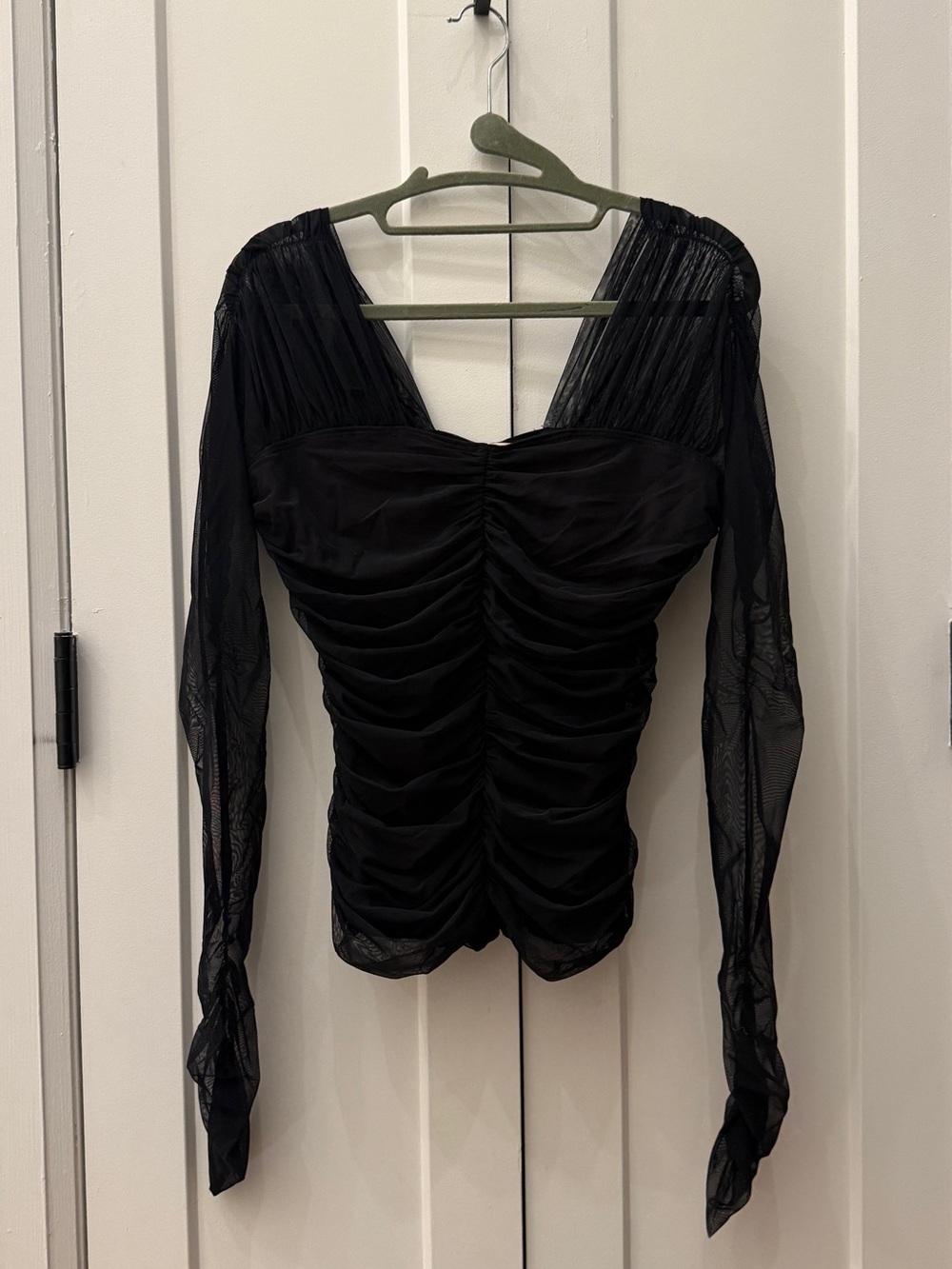 A.L.C. Black Ruched Sheer-Sleeve Blouse